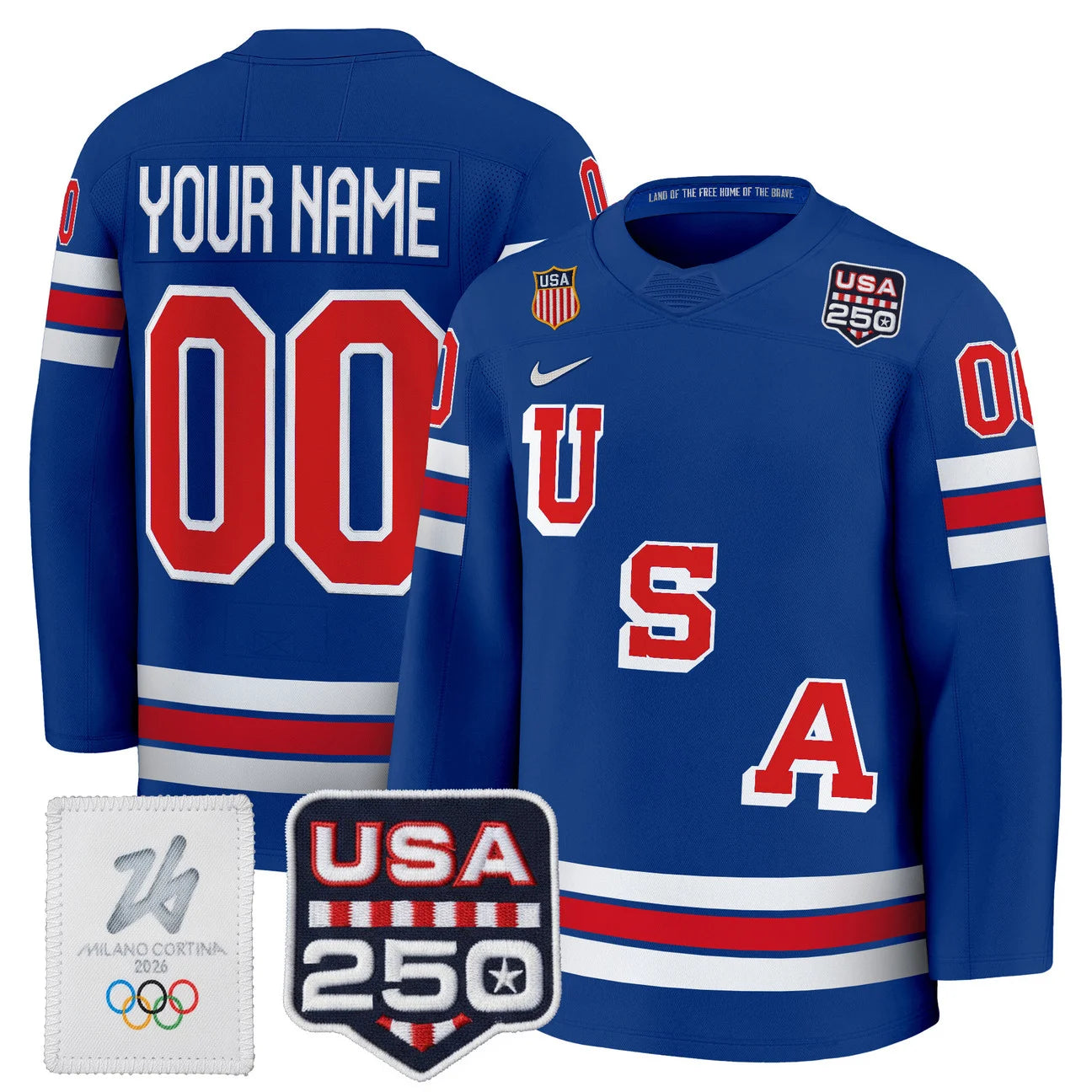 2026 Olympic 250America Patch Premium Custom Hockey Jersey in blue
