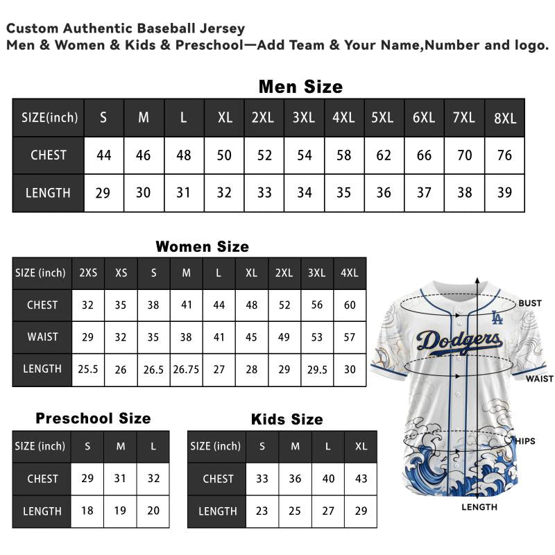 Los Angeles Wave Heritage Baseball Jersey Size Chart