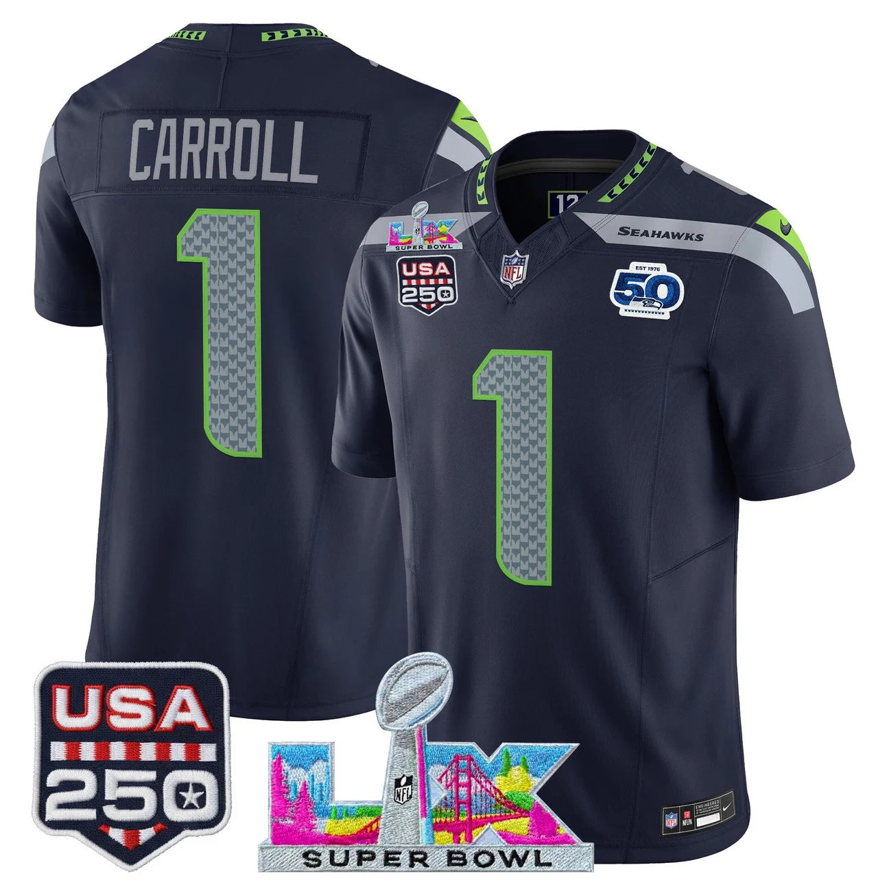 Seattle Seahawks "Super Bowl LX & United States 250th Anniversary Patch" Vapor Limited Jersey - All Stitched