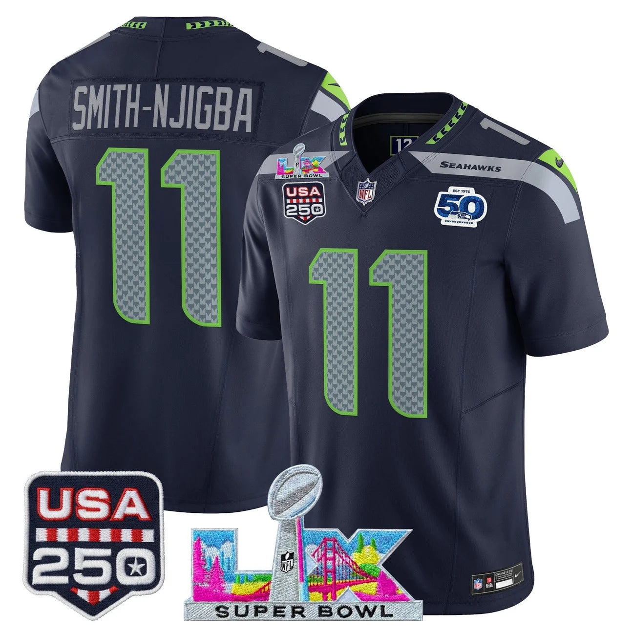 Seattle Seahawks "Super Bowl LX & United States 250th Anniversary Patch" Vapor Limited Jersey - All Stitched