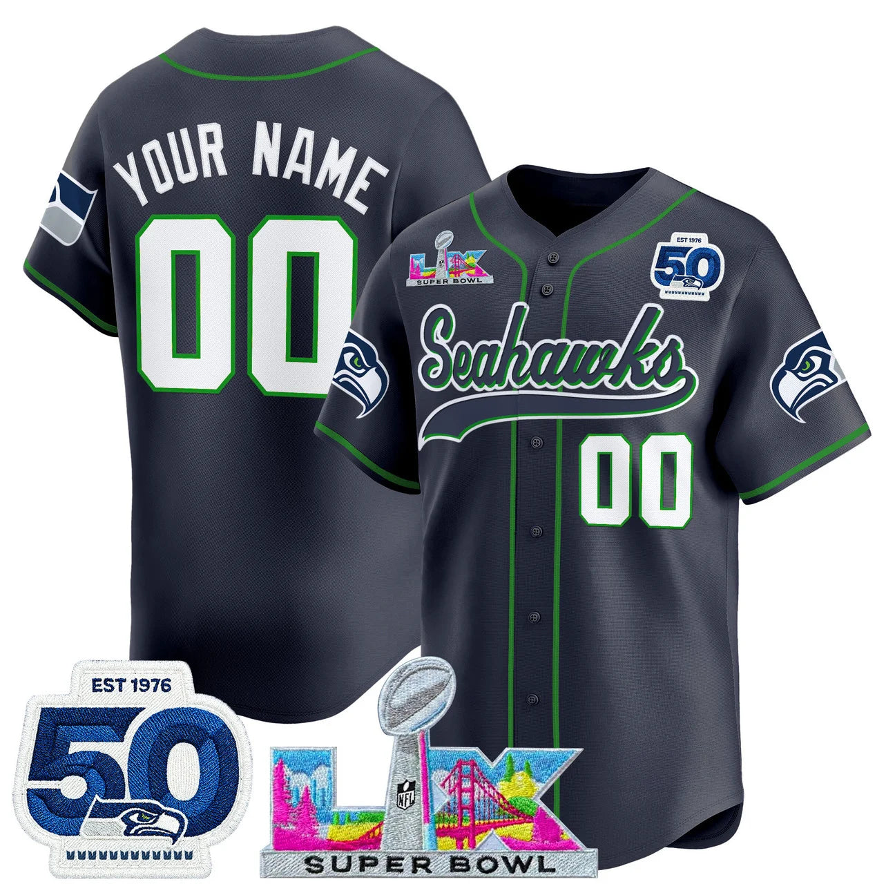 Seattle Seahawks Super Bowl LX Patch Vapor Baseball Custom Jersey - All Stitched