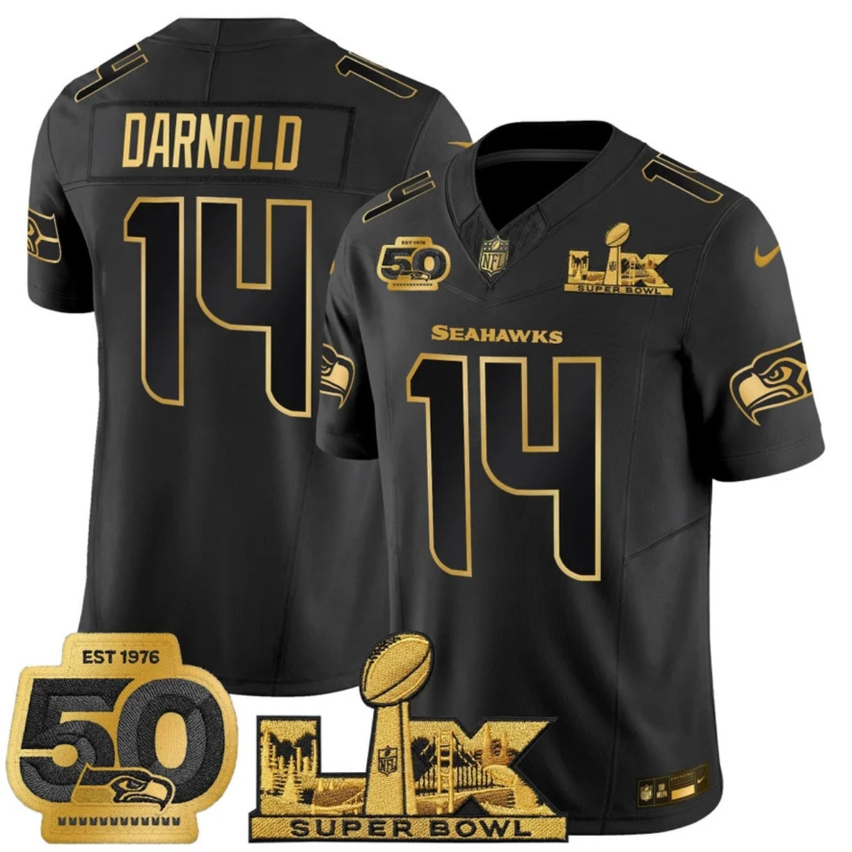 Seattle Seahawks Super Bowl LX&50th Patch Gold Vapor Limited Jersey - All Stitched