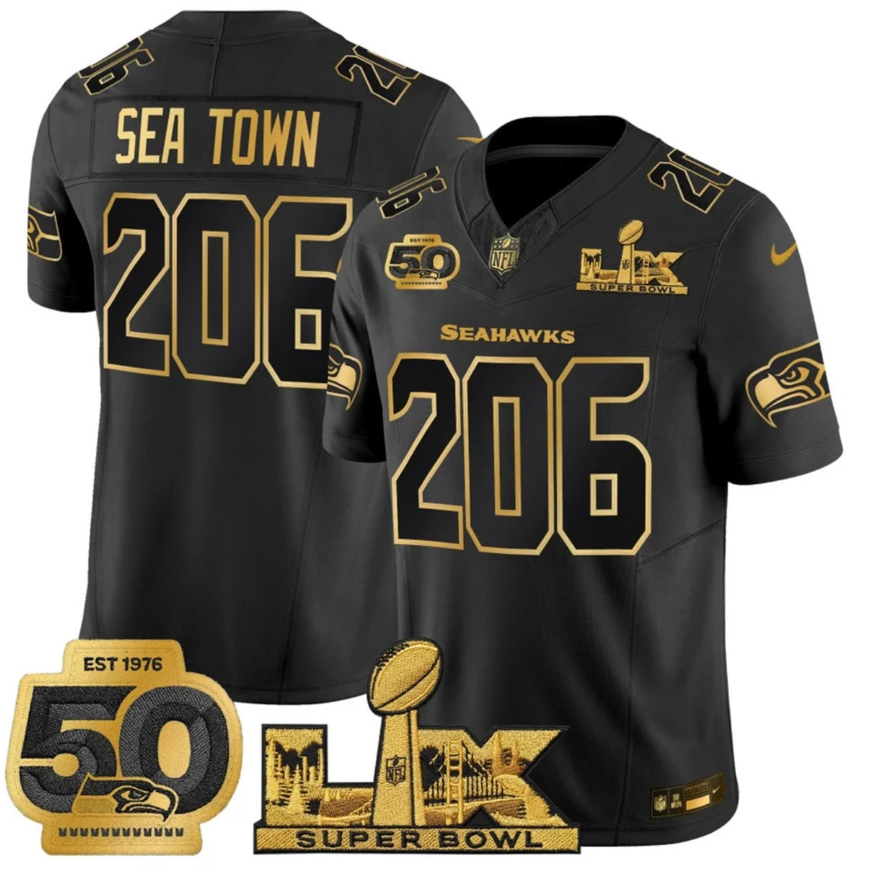 Seattle Seahawks Super Bowl LX&50th Patch Gold Vapor Limited Jersey - All Stitched