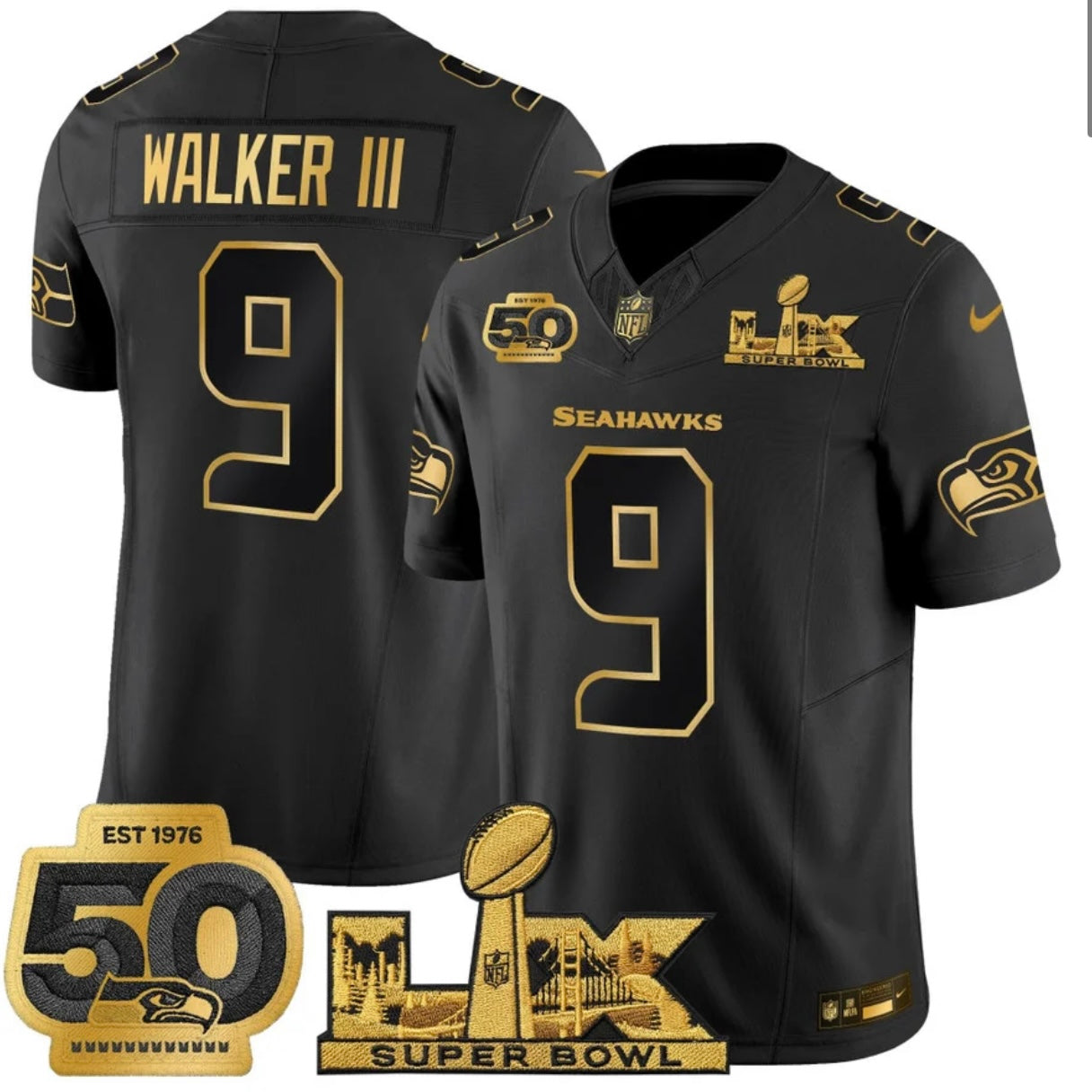 Seattle Seahawks Super Bowl LX&50th Patch Gold Vapor Limited Jersey - All Stitched