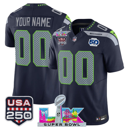 Seattle Seahawks "Super Bowl LX & United States 250th Anniversary Patch" Vapor Limited Custom Jersey - All Stitched