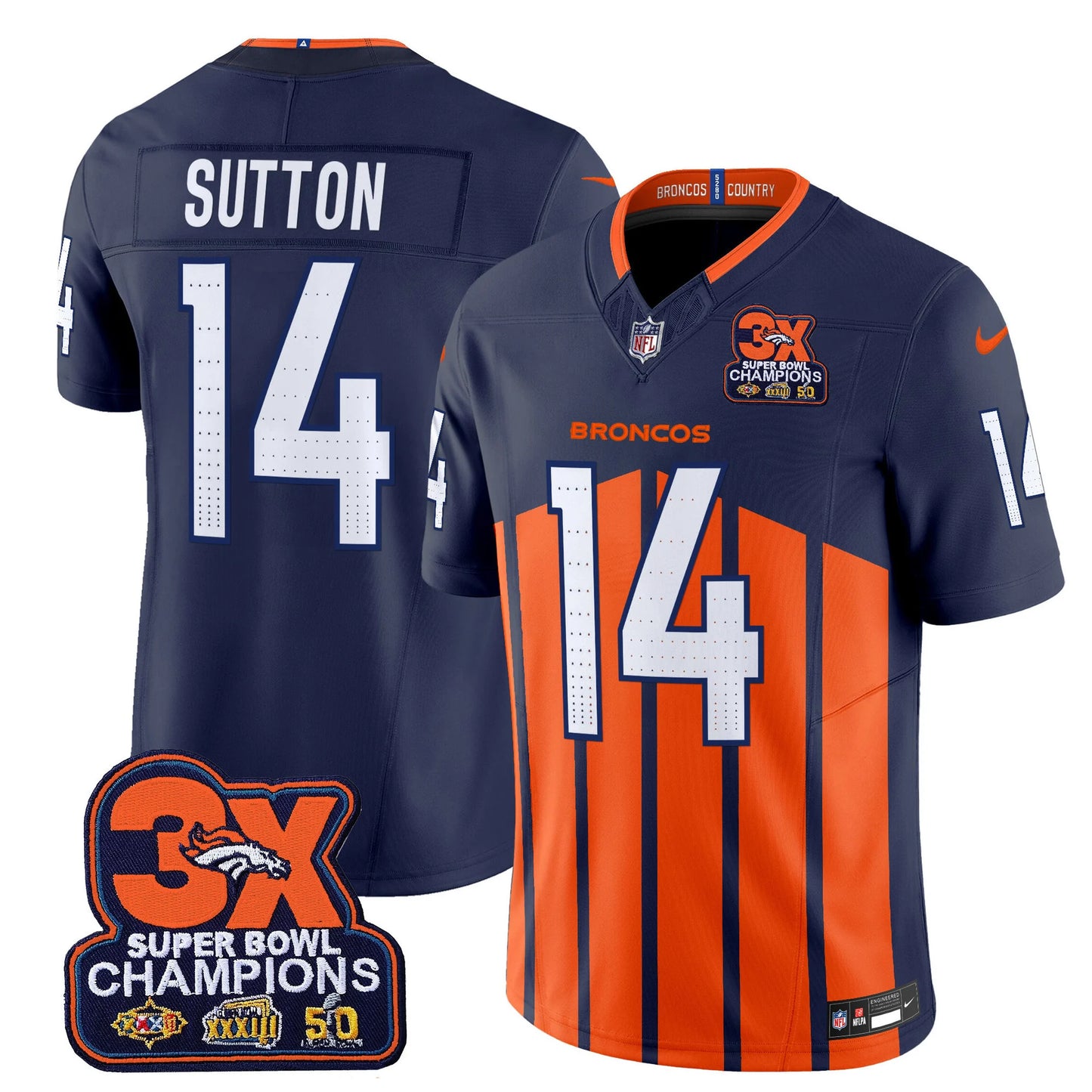 Men's Denver Broncos 3-Time Champions Patch Vapor Limited Jersey V2 - All Stitched
