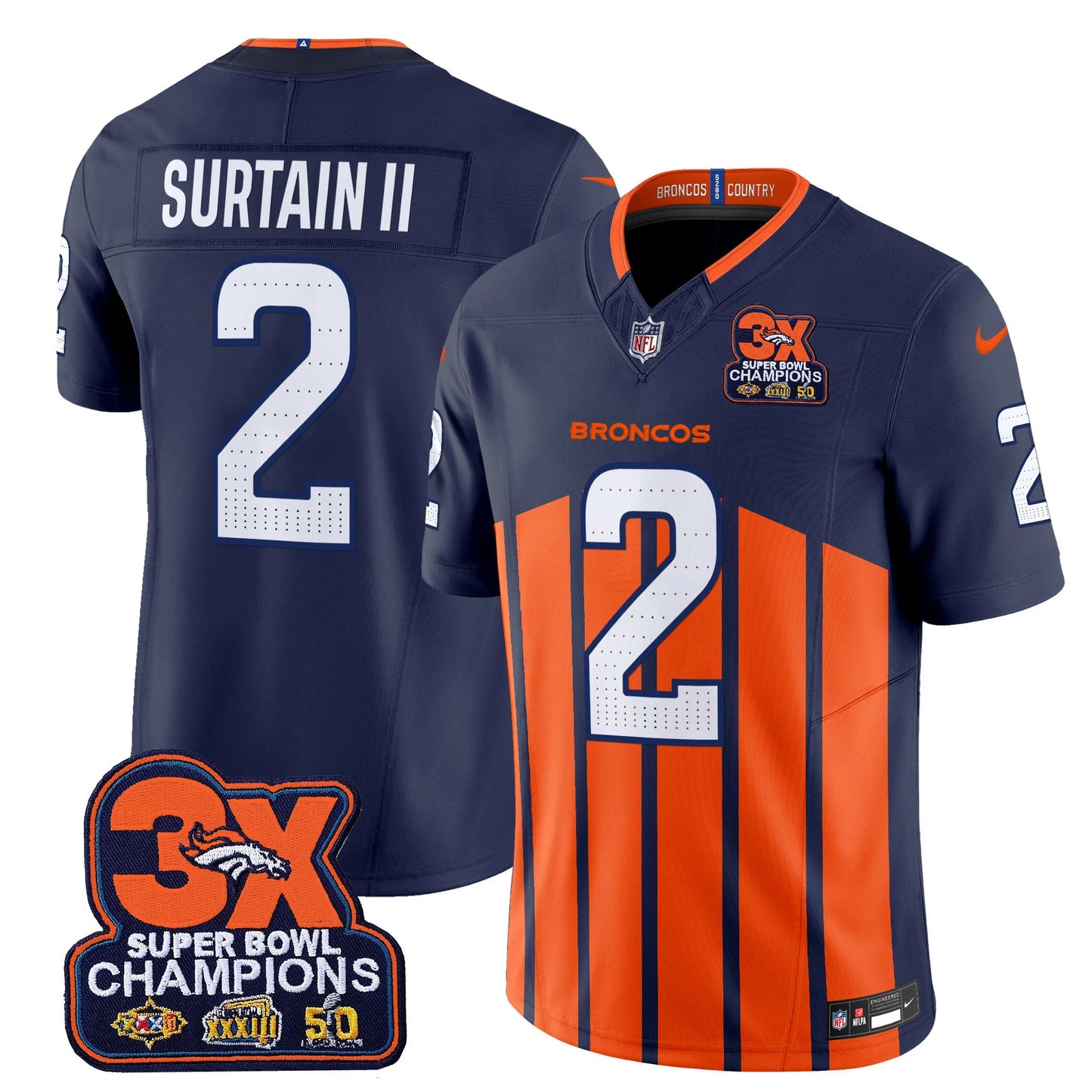Men's Denver Broncos 3-Time Champions Patch Vapor Limited Jersey V2 - All Stitched