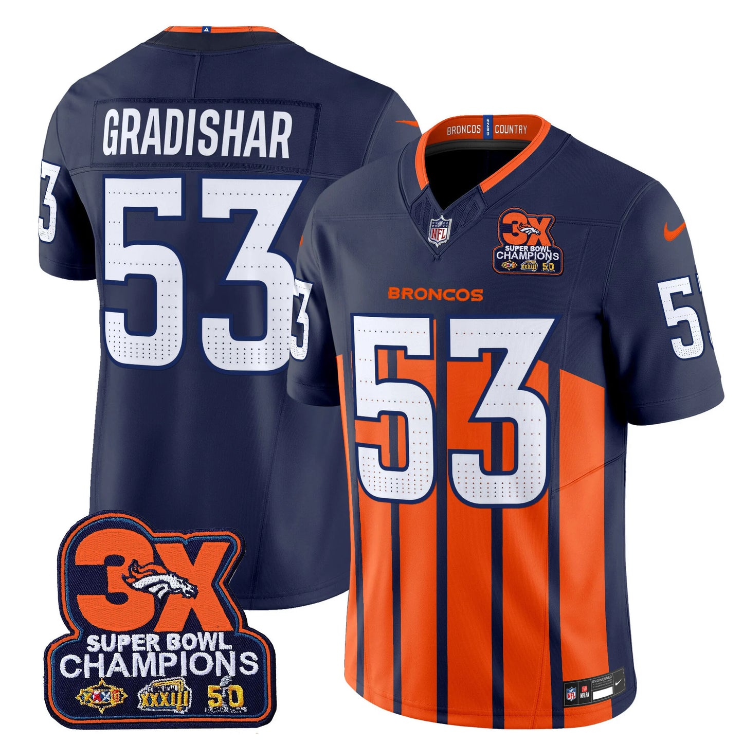 Men's Denver Broncos 3-Time Champions Patch Vapor Limited Jersey V2 - All Stitched