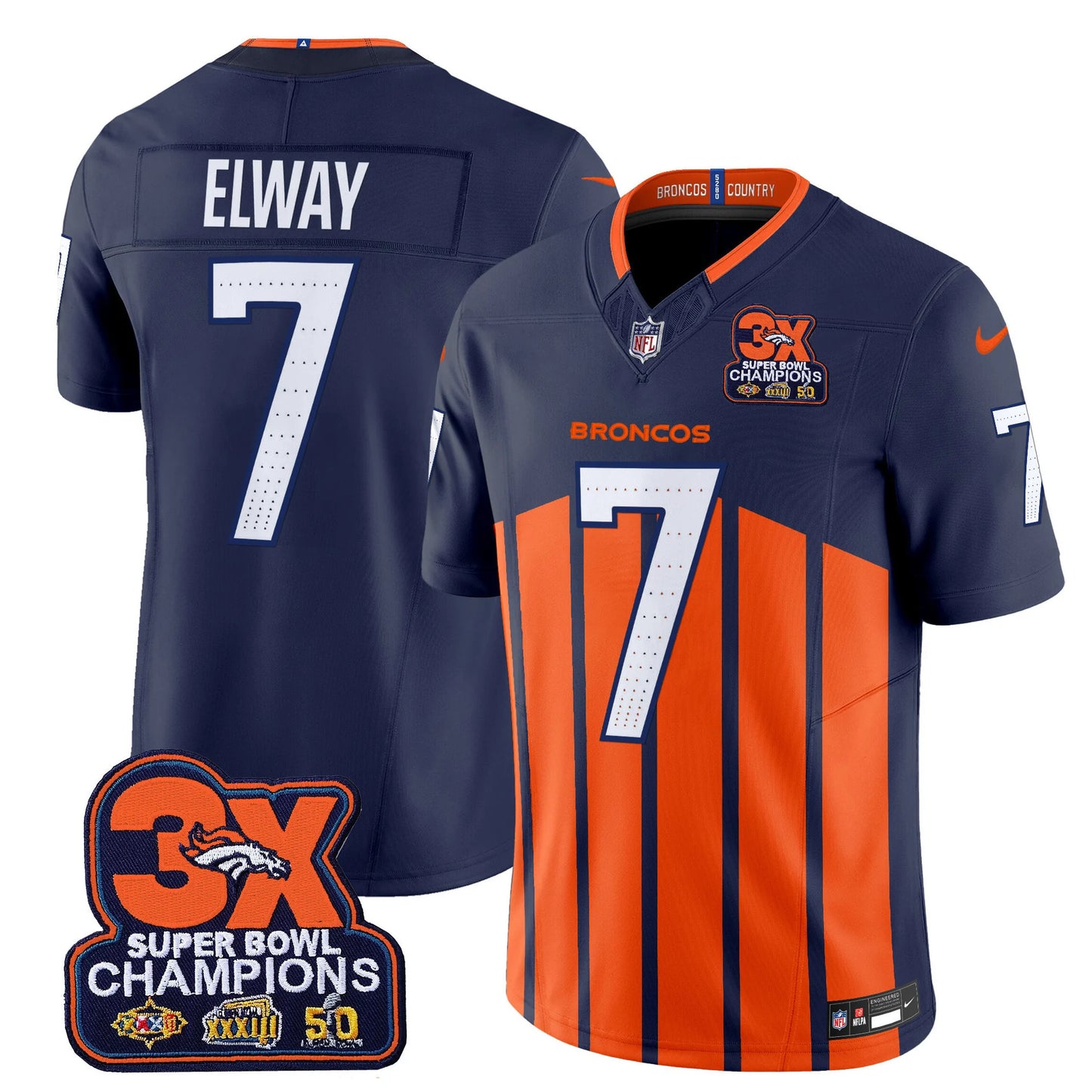 Men's Denver Broncos 3-Time Champions Patch Vapor Limited Jersey V2 - All Stitched