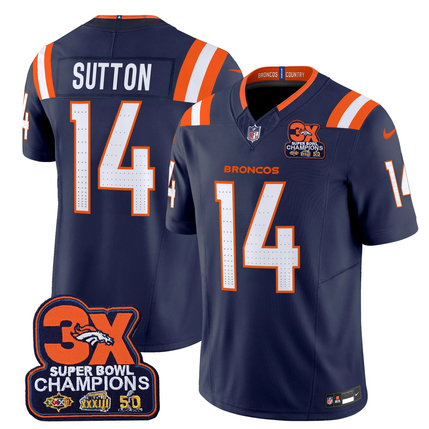 Men's Denver Broncos 3-Time Champions Patch Vapor Limited Jersey V2 - All Stitched