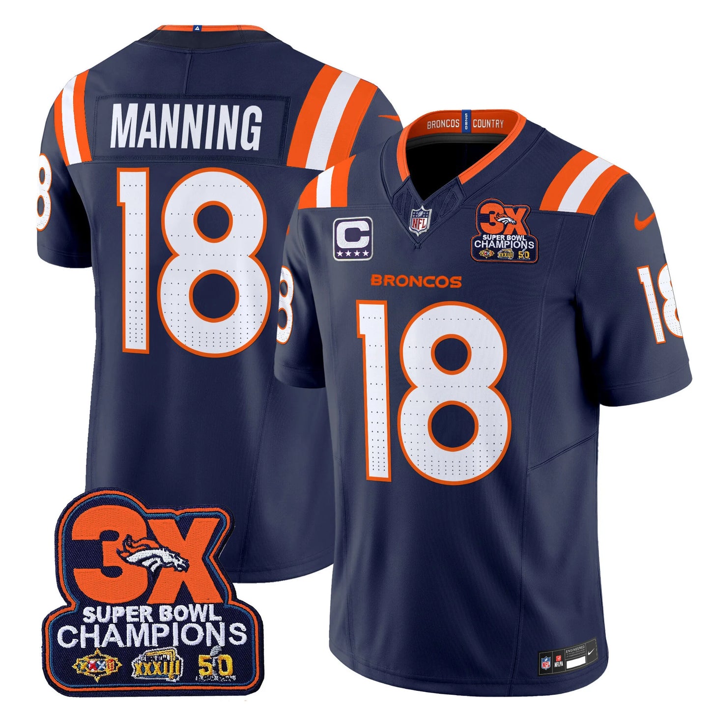 Men's Denver Broncos 3-Time Champions Patch Vapor Limited Jersey V2 - All Stitched