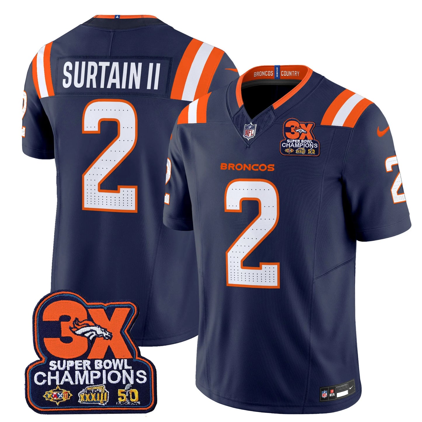 Men's Denver Broncos 3-Time Champions Patch Vapor Limited Jersey V2 - All Stitched