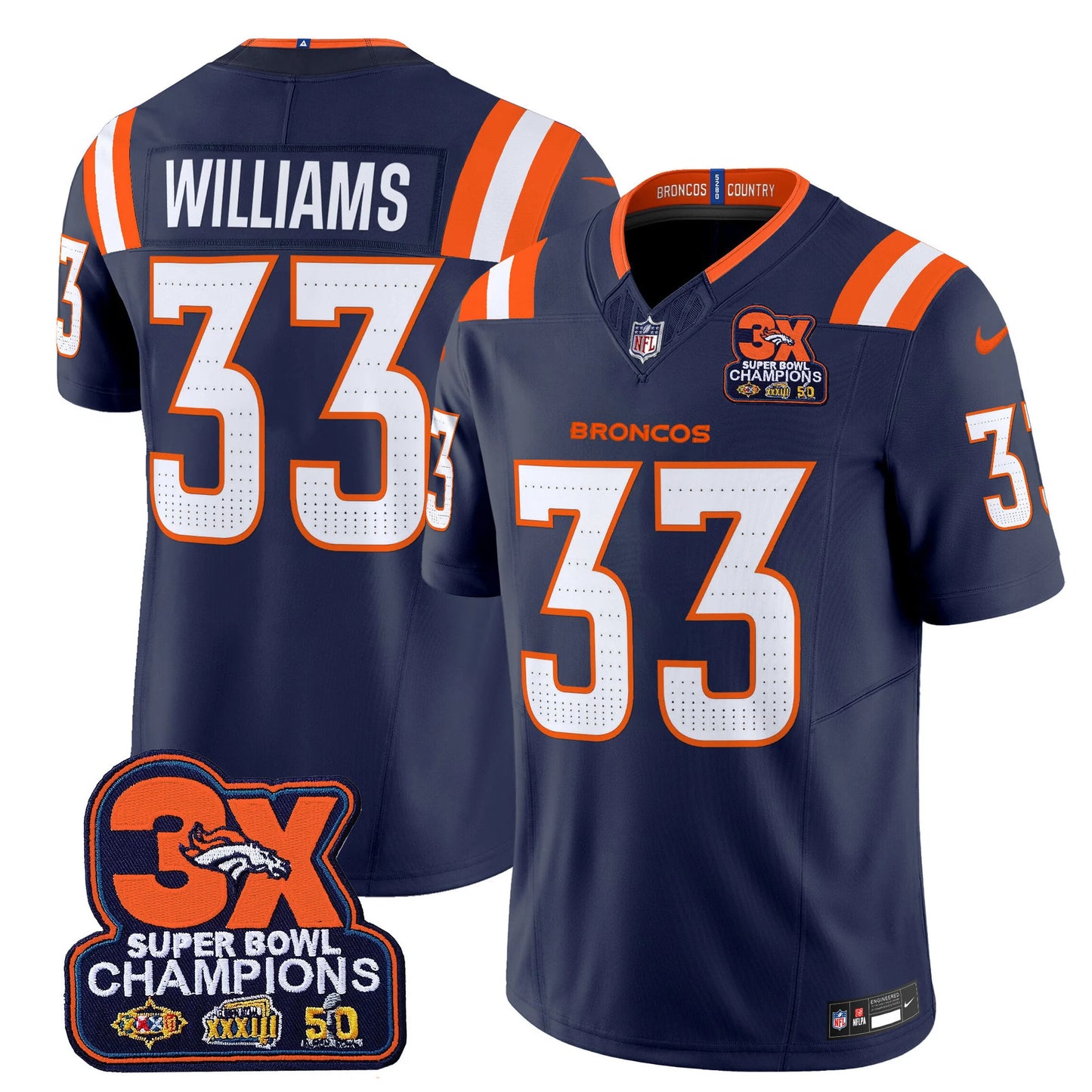 Men's Denver Broncos 3-Time Champions Patch Vapor Limited Jersey V2 - All Stitched