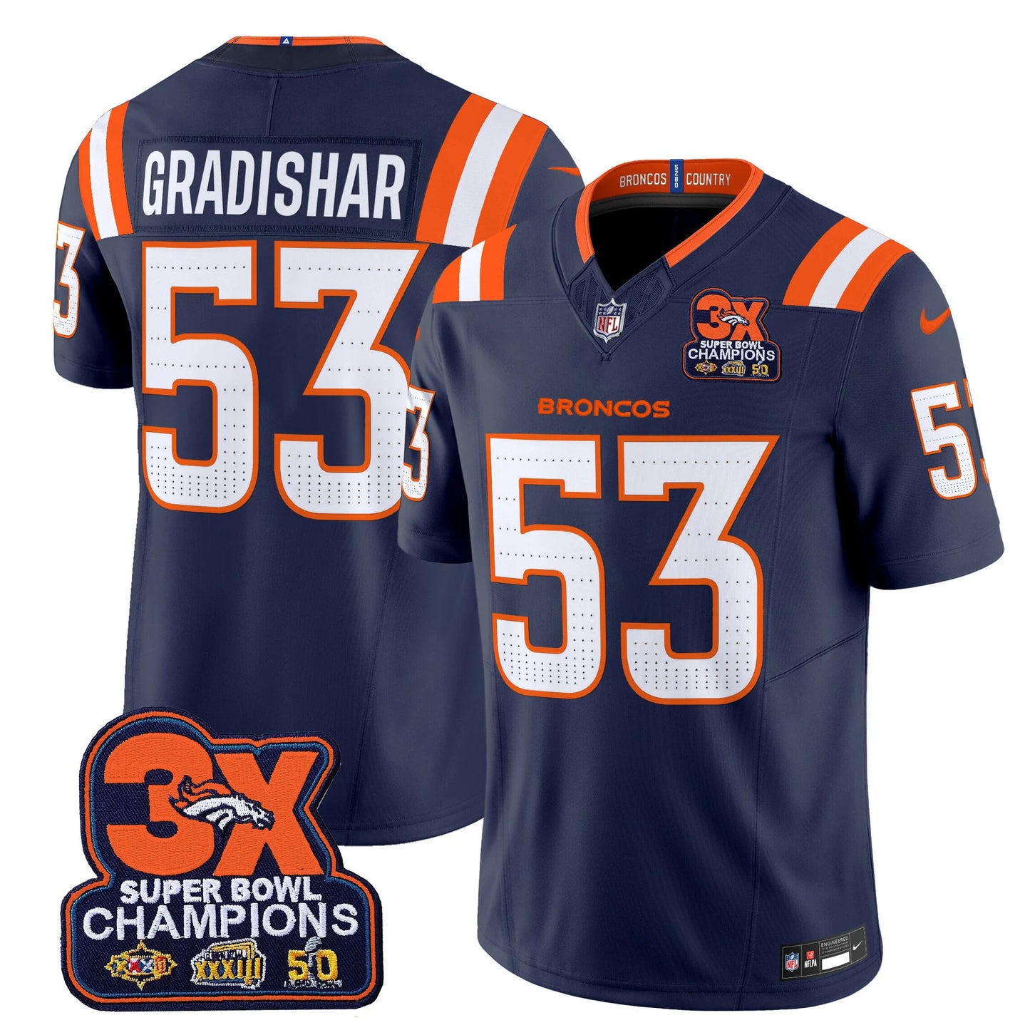 Men's Denver Broncos 3-Time Champions Patch Vapor Limited Jersey V2 - All Stitched
