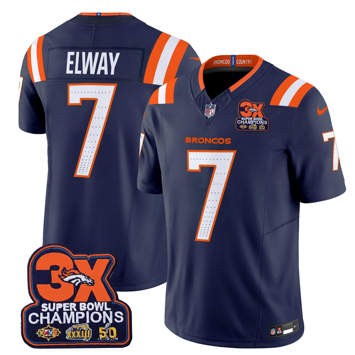 Men's Denver Broncos 3-Time Champions Patch Vapor Limited Jersey V2 - All Stitched