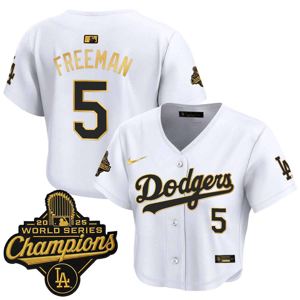 Women's Dodgers Freeman #5 white and gold World Series crop top jersey