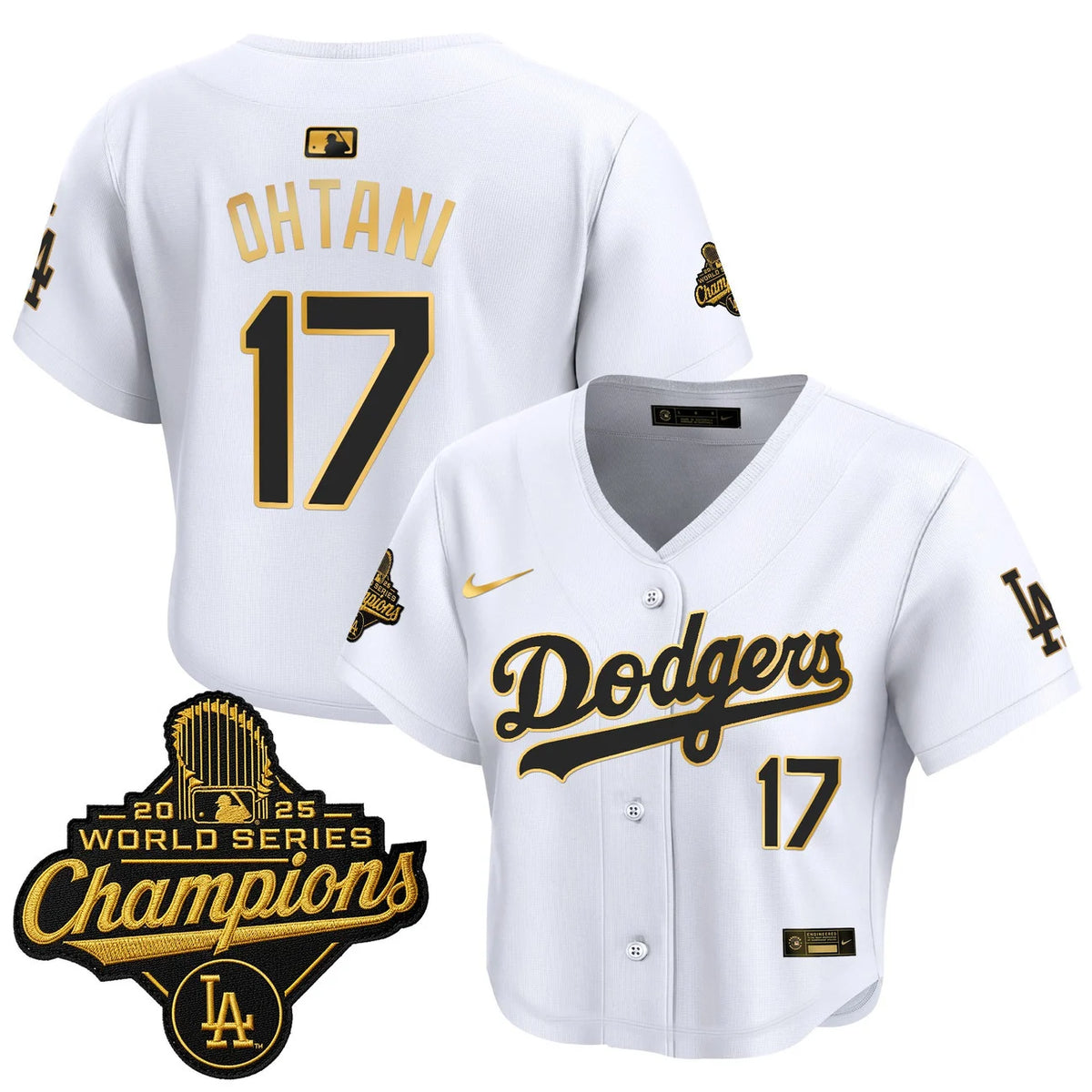 Women's Dodgers Ohtani #17 white and gold World Series crop top jersey