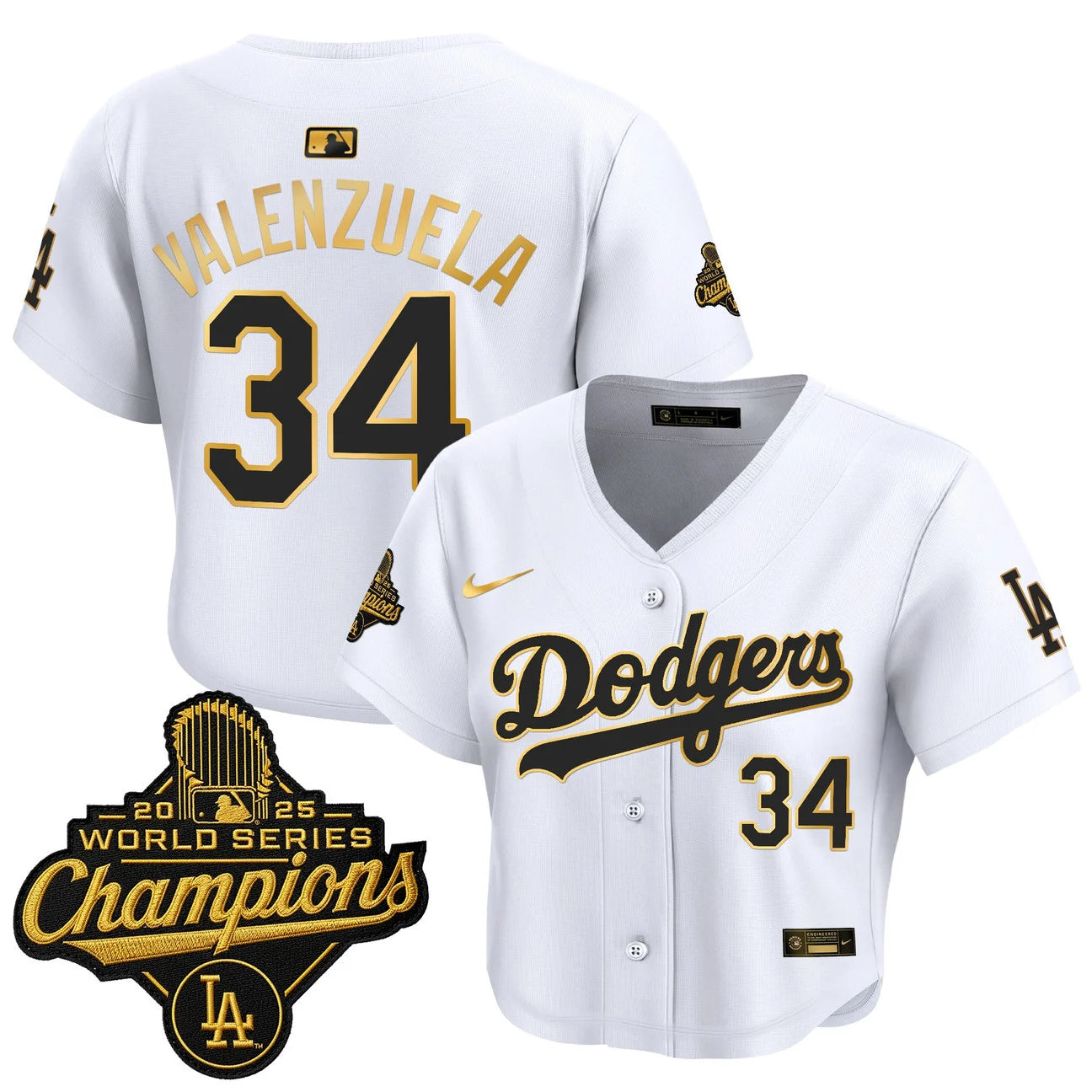 Women's Dodgers Valenzuela #34 white and gold World Series crop top jersey