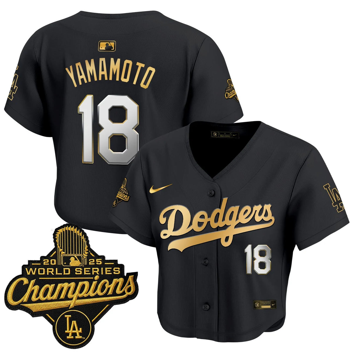 Women's Dodgers Yamamoto #18 black and gold World Series crop top jersey