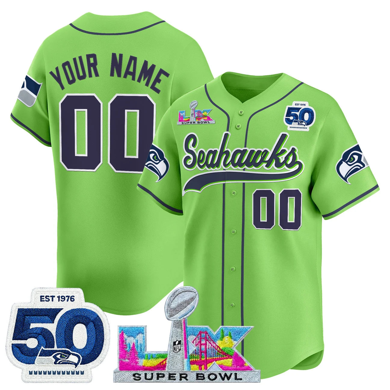 Seattle Seahawks Super Bowl LX Patch Vapor Baseball Custom Jersey - All Stitched