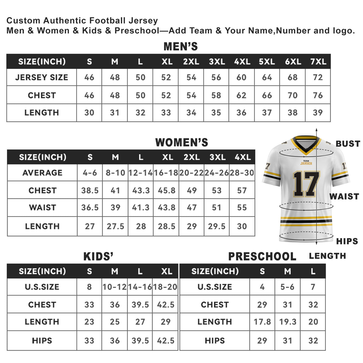 Football jersey size chart with measurements