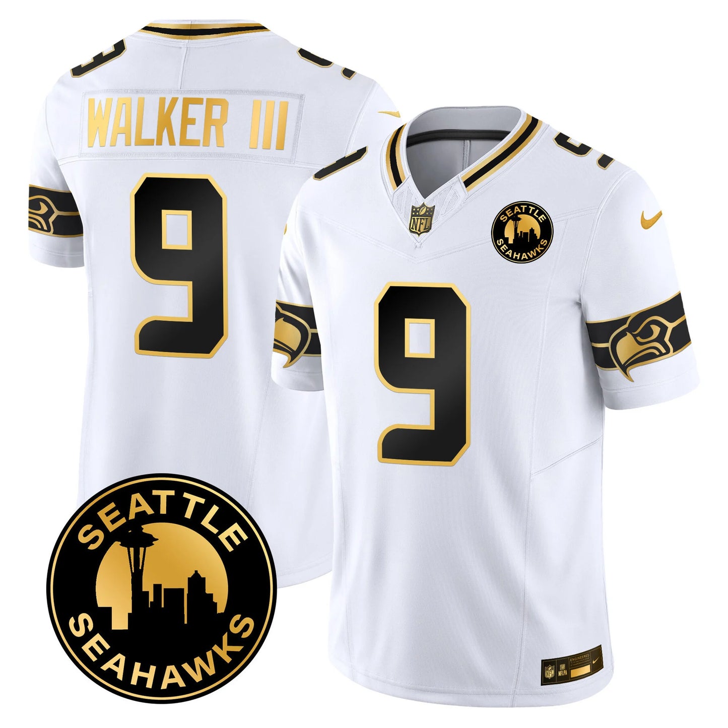 Men's Seattle Seahawks 2024 Seattle City Patch Gold Vapor Limited Jersey - All Stitched